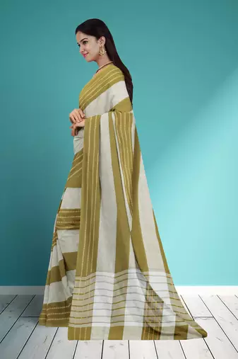 Olive moss green & soft ivory white chettinad cotton saree with running blouse