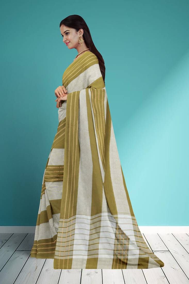 Olive moss green & soft ivory white chettinad cotton saree with running blouse