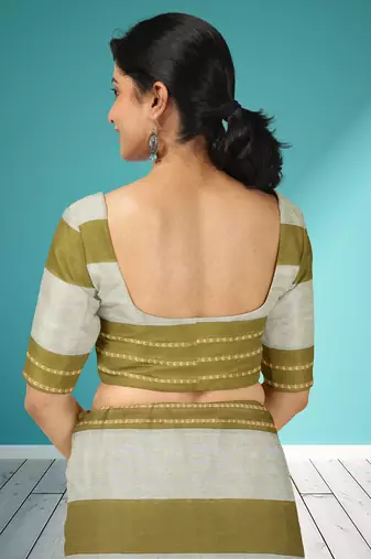 Olive moss green & soft ivory white chettinad cotton saree with running blouse