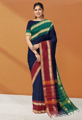 Navy blue midnight tone & blood red jewel tone chettinad cotton saree with running blouse 1