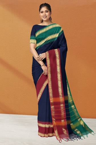 Navy blue midnight tone & blood red jewel tone chettinad cotton saree with running blouse