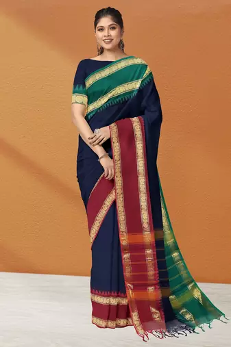 Navy blue midnight tone & blood red jewel tone chettinad cotton saree with running blouse