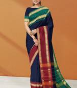 Navy blue midnight tone & blood red jewel tone chettinad cotton saree with running blouse