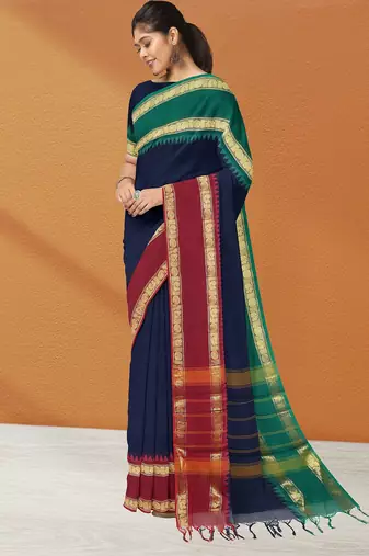 Navy blue midnight tone & blood red jewel tone chettinad cotton saree with running blouse