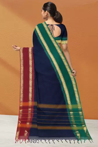 Navy blue midnight tone & blood red jewel tone chettinad cotton saree with running blouse