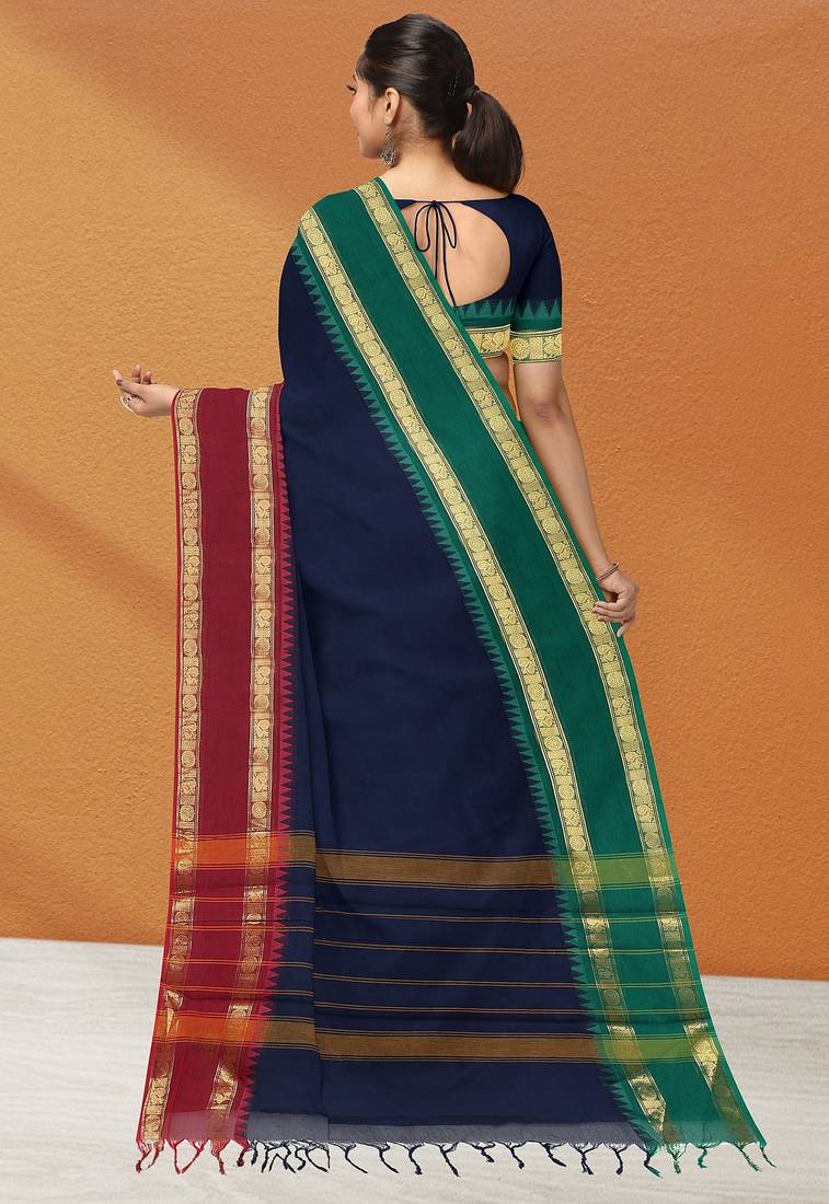 Navy blue midnight tone & blood red jewel tone chettinad cotton saree with running blouse