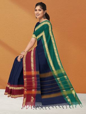 Navy blue midnight tone & blood red jewel tone chettinad cotton saree with running blouse 4