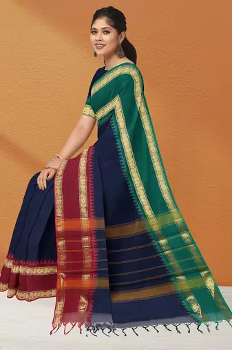 Navy blue midnight tone & blood red jewel tone chettinad cotton saree with running blouse