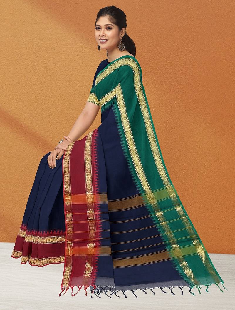 Navy blue midnight tone & blood red jewel tone chettinad cotton saree with running blouse