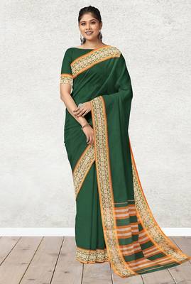 Green forest emerald & orange saffron glow banahatti cotton saree with running blouse 1