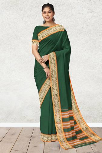 Green forest emerald & orange saffron glow banahatti cotton saree with running blouse