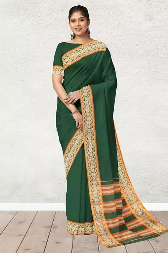 Green forest emerald & orange saffron glow banahatti cotton saree with running blouse