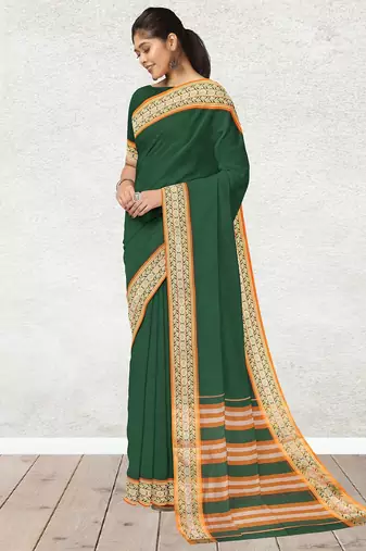 Green forest emerald & orange saffron glow banahatti cotton saree with running blouse