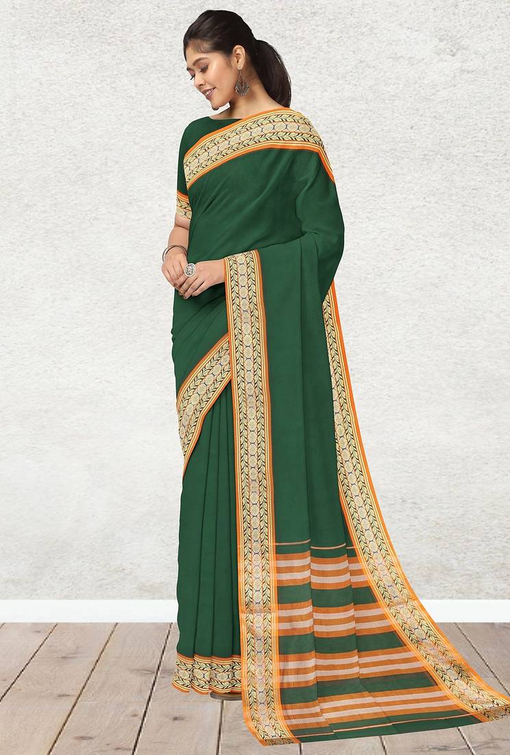 Green forest emerald & orange saffron glow banahatti cotton saree with running blouse