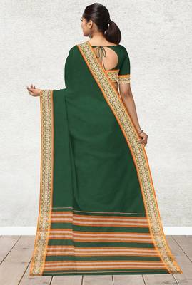 Green forest emerald & orange saffron glow banahatti cotton saree with running blouse 3