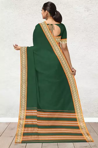 Green forest emerald & orange saffron glow banahatti cotton saree with running blouse