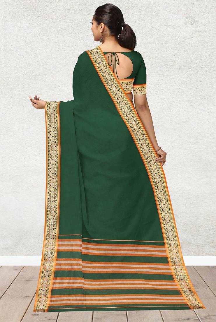Green forest emerald & orange saffron glow banahatti cotton saree with running blouse