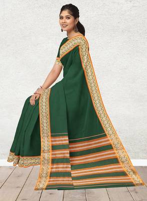 Green forest emerald & orange saffron glow banahatti cotton saree with running blouse 4