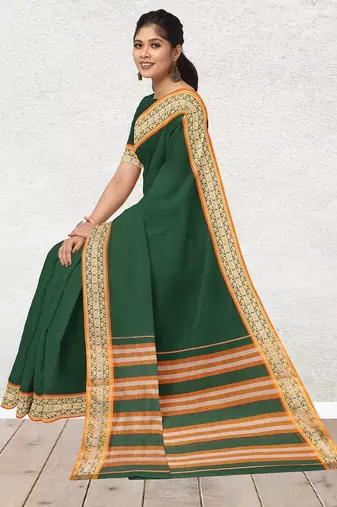 Green forest emerald & orange saffron glow banahatti cotton saree with running blouse