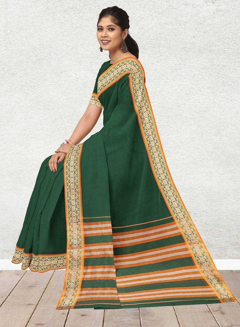 Green forest emerald & orange saffron glow banahatti cotton saree with running blouse