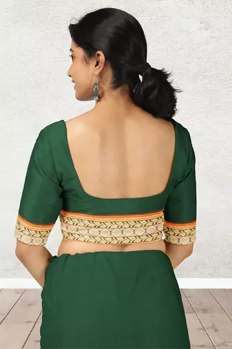 Green forest emerald & orange saffron glow banahatti cotton saree with running blouse