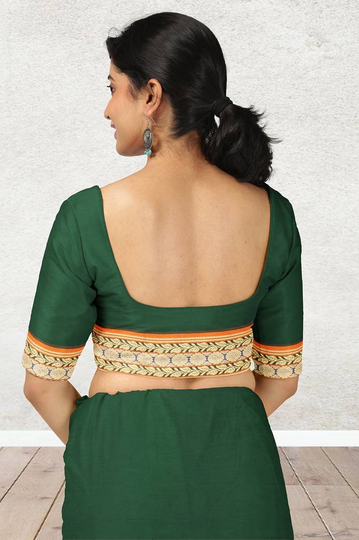 Green forest emerald & orange saffron glow banahatti cotton saree with running blouse