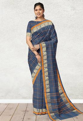 Cobalt blue & marigold amber orange chettinad cotton saree with running blouse 1