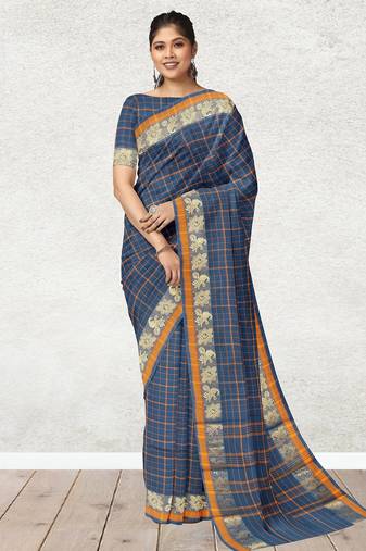 Cobalt blue & marigold amber orange chettinad cotton saree with running blouse