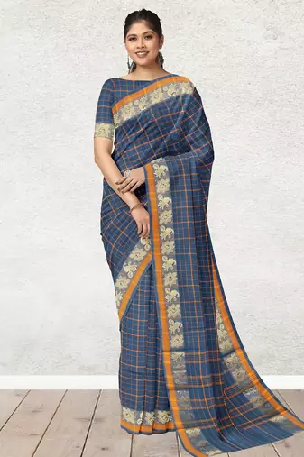 Cobalt blue & marigold amber orange chettinad cotton saree with running blouse