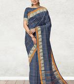 Cobalt blue & marigold amber orange chettinad cotton saree with running blouse