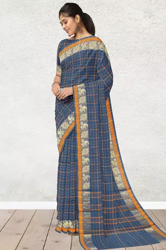 Cobalt blue & marigold amber orange chettinad cotton saree with running blouse