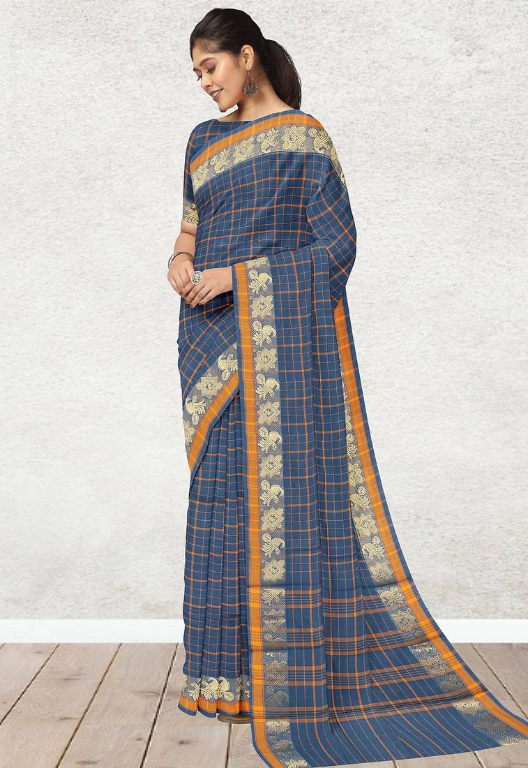 Cobalt blue & marigold amber orange chettinad cotton saree with running blouse