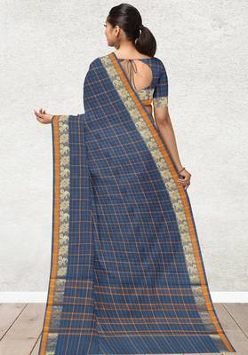 Cobalt blue & marigold amber orange chettinad cotton saree with running blouse 3