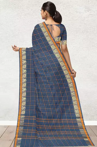 Cobalt blue & marigold amber orange chettinad cotton saree with running blouse