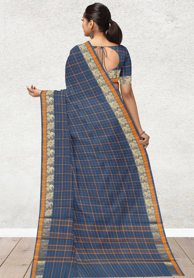 Cobalt blue & marigold amber orange chettinad cotton saree with running blouse