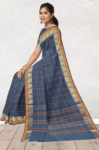 Cobalt blue & marigold amber orange chettinad cotton saree with running blouse