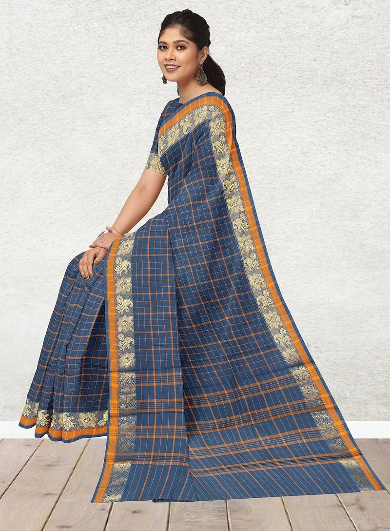 Cobalt blue & marigold amber orange chettinad cotton saree with running blouse