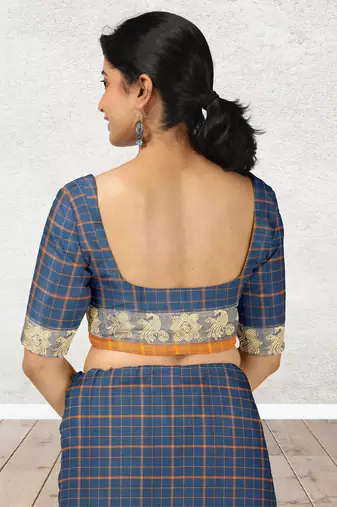 Cobalt blue & marigold amber orange chettinad cotton saree with running blouse