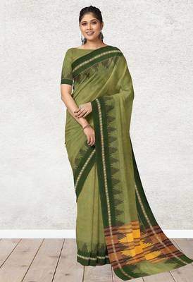 Olive moss & dark chocolate brown  chettinad cotton saree with running blouse 1
