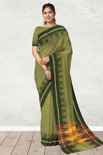 Olive moss & dark chocolate brown  chettinad cotton saree with running blouse
