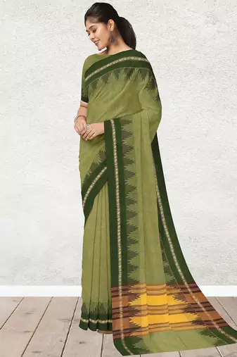 Olive moss & dark chocolate brown  chettinad cotton saree with running blouse