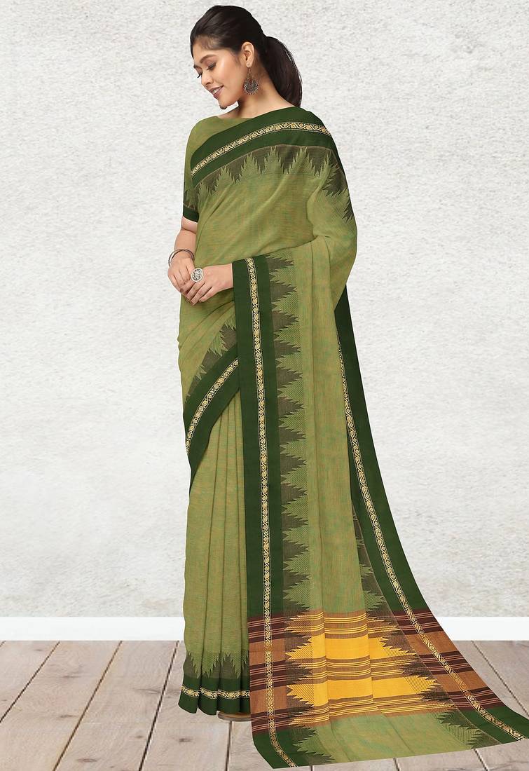 Olive moss & dark chocolate brown  chettinad cotton saree with running blouse