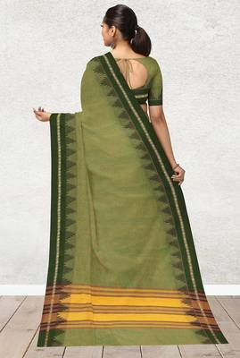 Olive moss & dark chocolate brown  chettinad cotton saree with running blouse 3