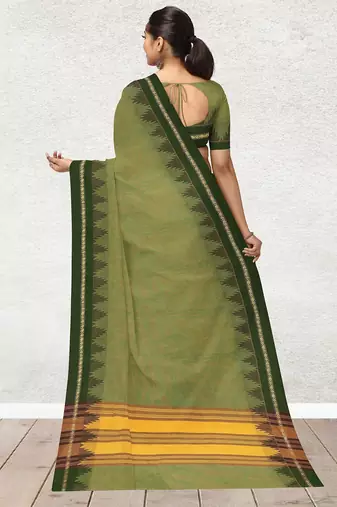 Olive moss & dark chocolate brown  chettinad cotton saree with running blouse