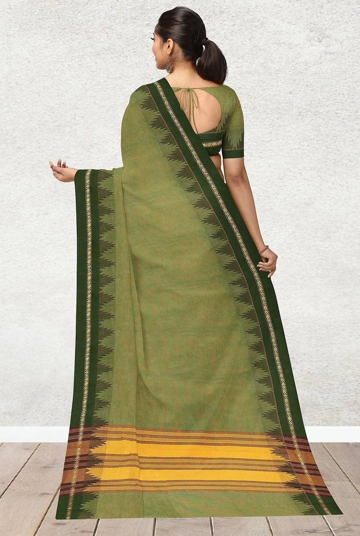 Olive moss & dark chocolate brown  chettinad cotton saree with running blouse