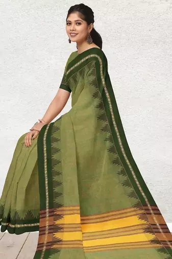 Olive moss & dark chocolate brown  chettinad cotton saree with running blouse