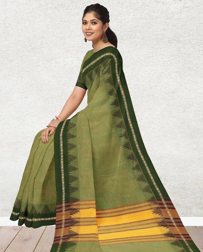 Olive moss & dark chocolate brown  chettinad cotton saree with running blouse