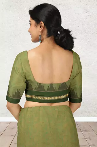 Olive moss & dark chocolate brown  chettinad cotton saree with running blouse
