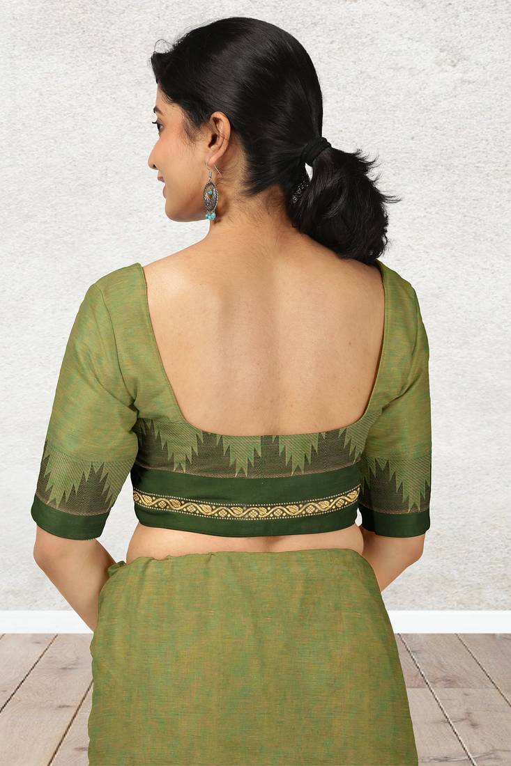 Olive moss & dark chocolate brown  chettinad cotton saree with running blouse