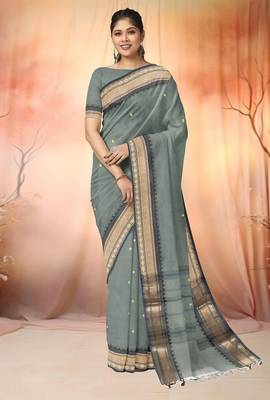 Steel grey & antique gold chettinad cotton saree with running blouse 1